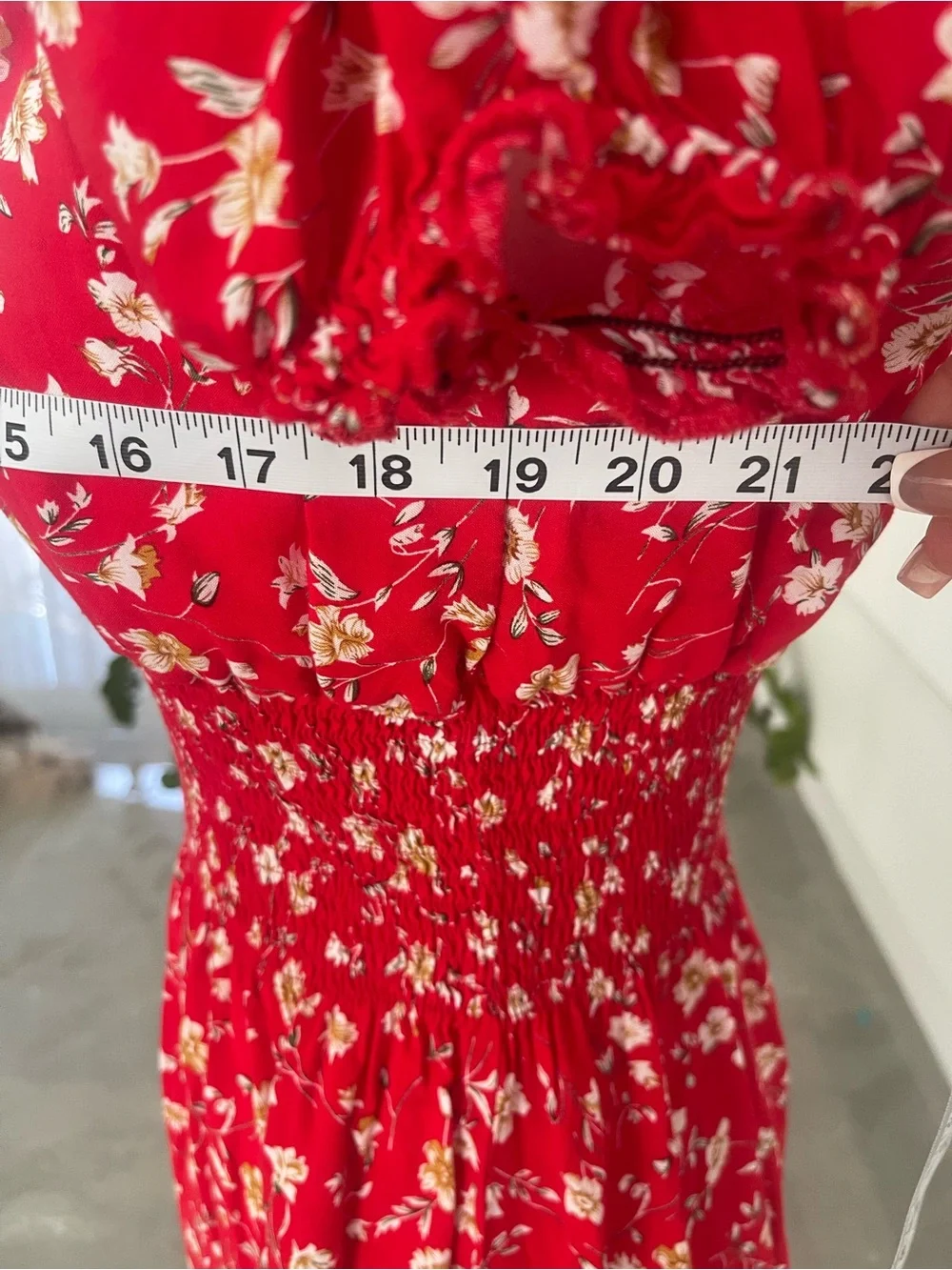 Anthropologie Red Floral Midi Dress with Puff Sleeves